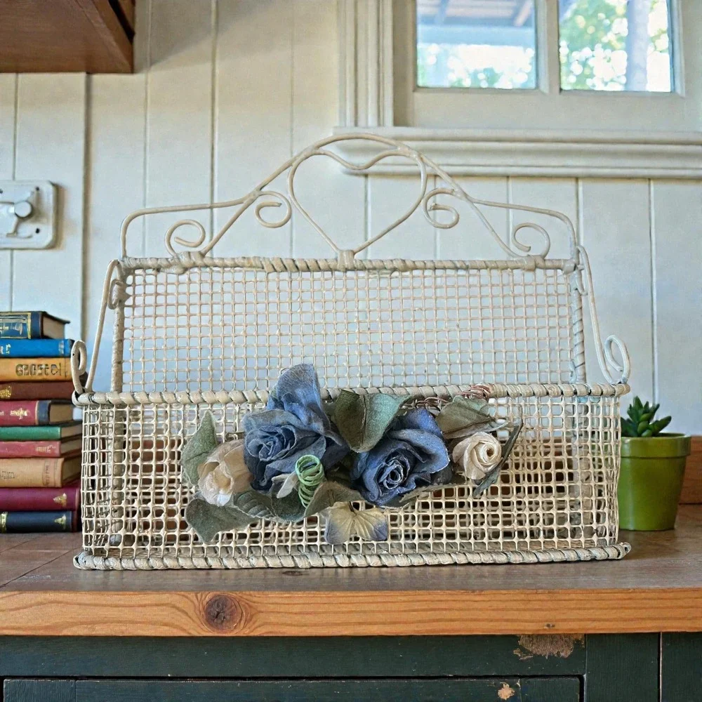Vintage Cottagecore Cream Wire Wall Basket Heart Rosette Mail Organizer